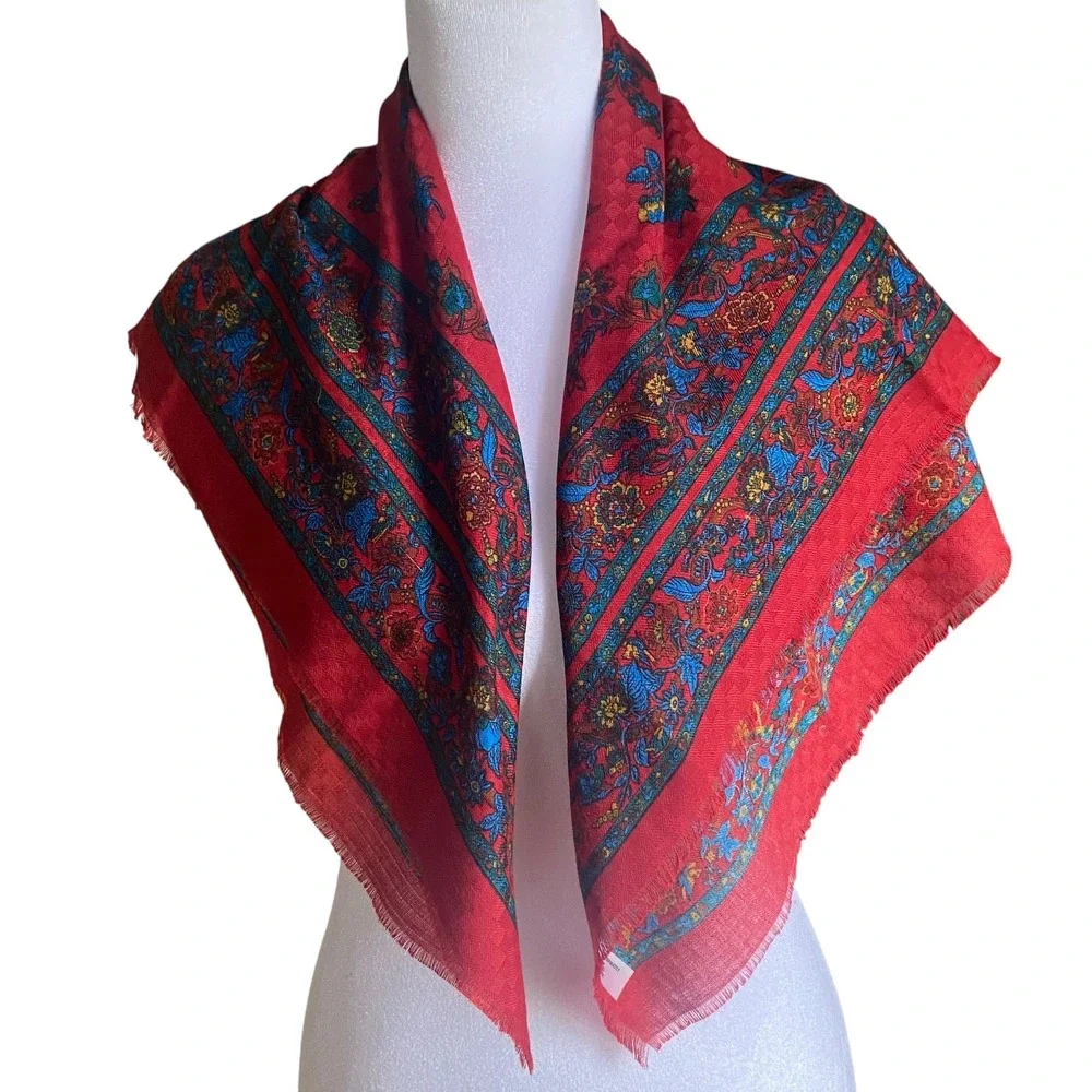 Vintage Made in Italy Red Floral Paisley Square Scarf Fringed 31x31